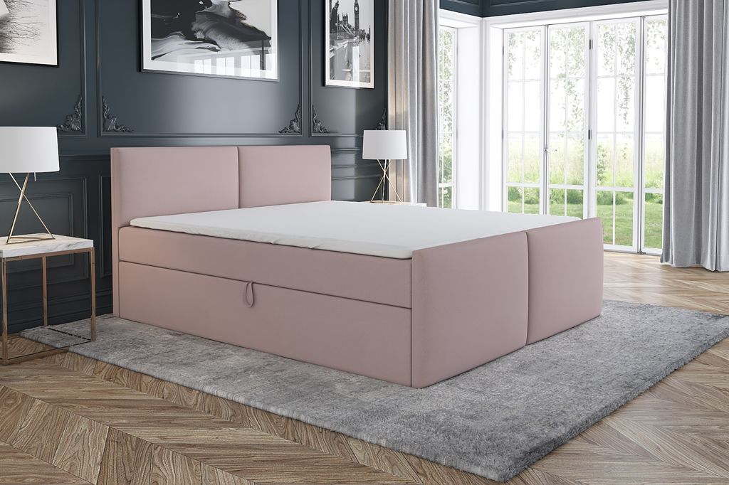 Boxspringbett BRAN 160 x 200 mit 2 Bettkästen, Bonell-Matratze und Topper. Farbe: Rosa