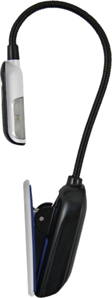 A close-up studio shot of a black and silver LED book light with a clip.