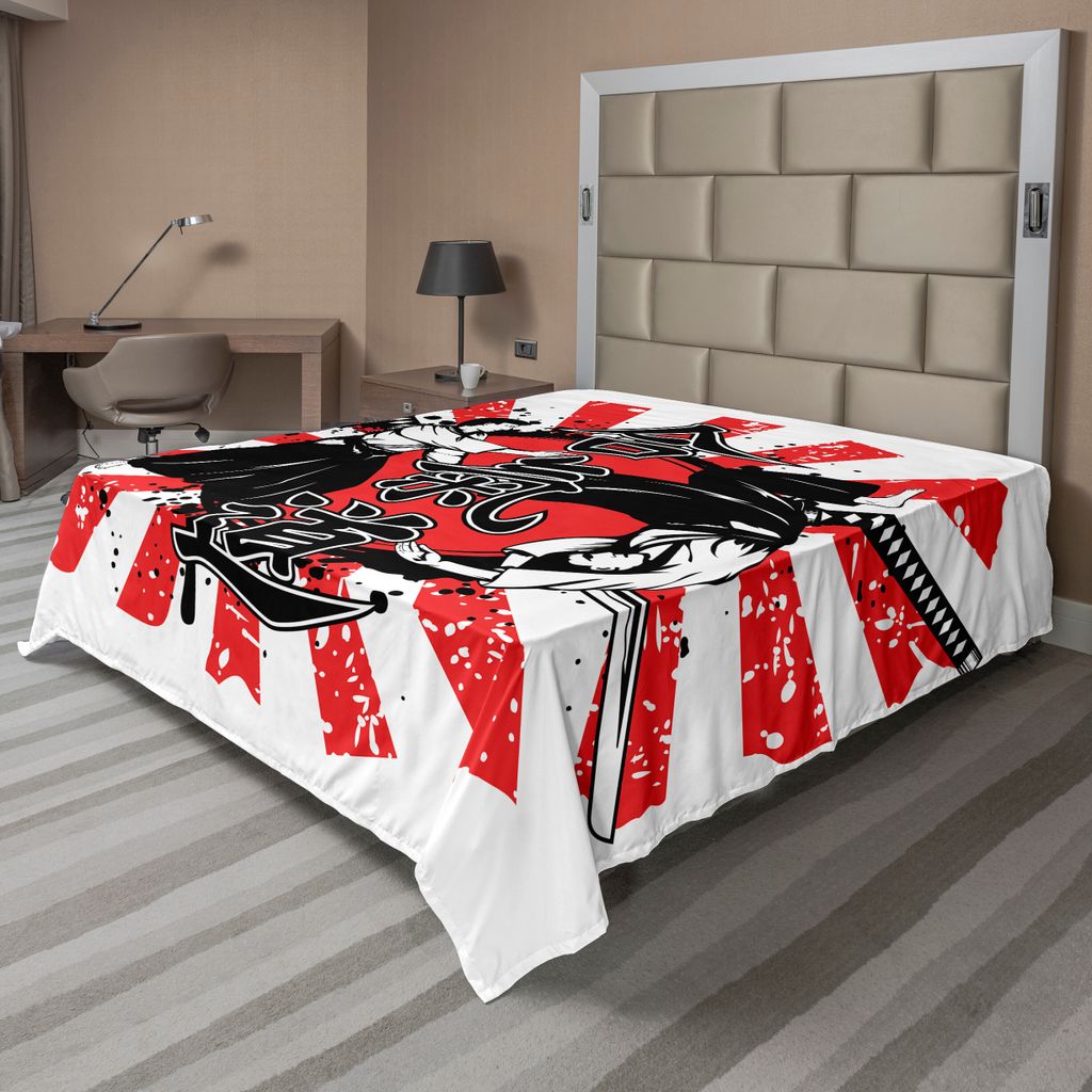 ABAKUHAUS japanisch Bettlaken, Gekreuzte Samurai Schwerter Hieroglyphe Hintergrund Zwei Ronin Aikido Eastern Style, weiches bequemes oberes Bettlak...