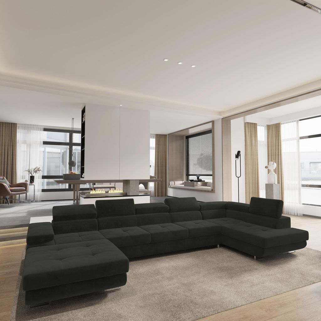 Masseno Ecksofa TORIVA R-S mit Schlaffunktion U-Form, Sofa mit Bettkasten, Wohnzimmersofa, Couch, Soffa, Bettsofa, Couchgarnitur- Schwarz, MONOLITH 95