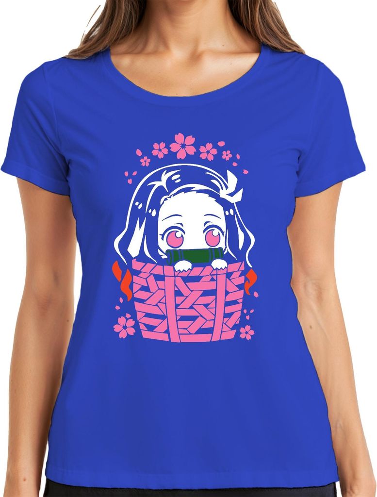 Nezuko Kimetsu No Yaiba Anime Kawaii Bambus Korb Sakura Geschenk Damen T-Shirt, Blau, 3XL
