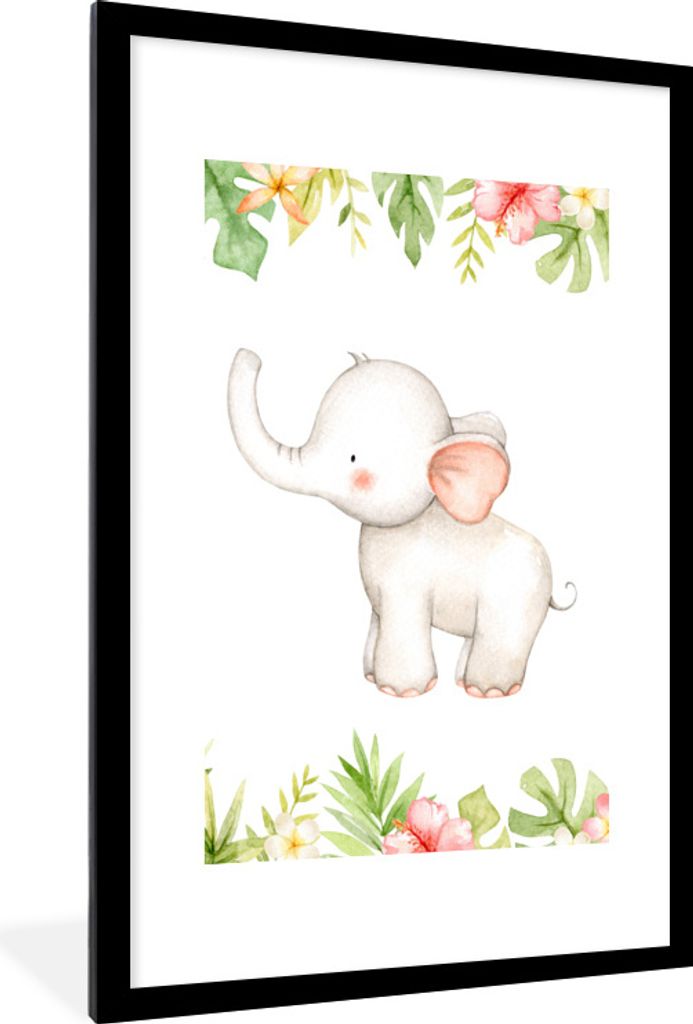MuchoWow Gerahmtes Poster Elefant - Blumen - Aquarell 60x90 cm - Poster mit Schwarzem Bilderrahmen Wandposter Rahmen Foto Bilder - Dekoration - W...