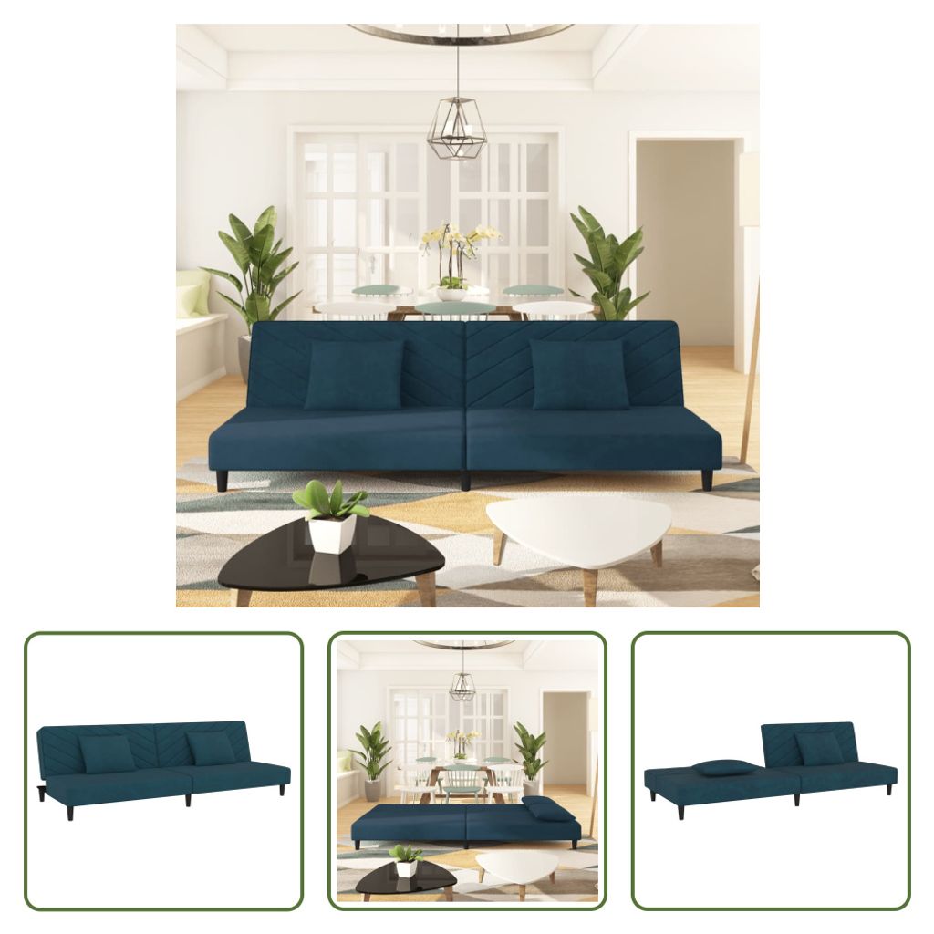 The Living Store Schlafsofa 2-Sitzer mit 2 Kissen Blau Samt