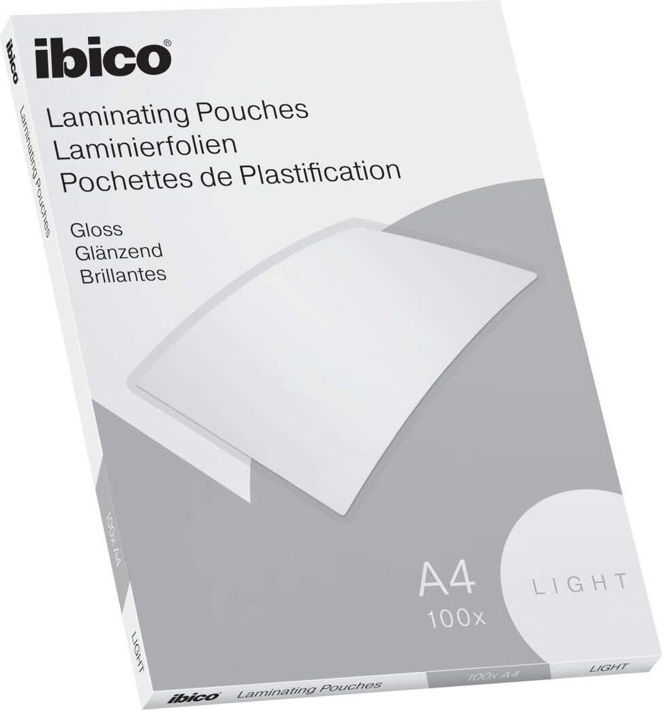A product shot of a box of Ibico laminating pouches.