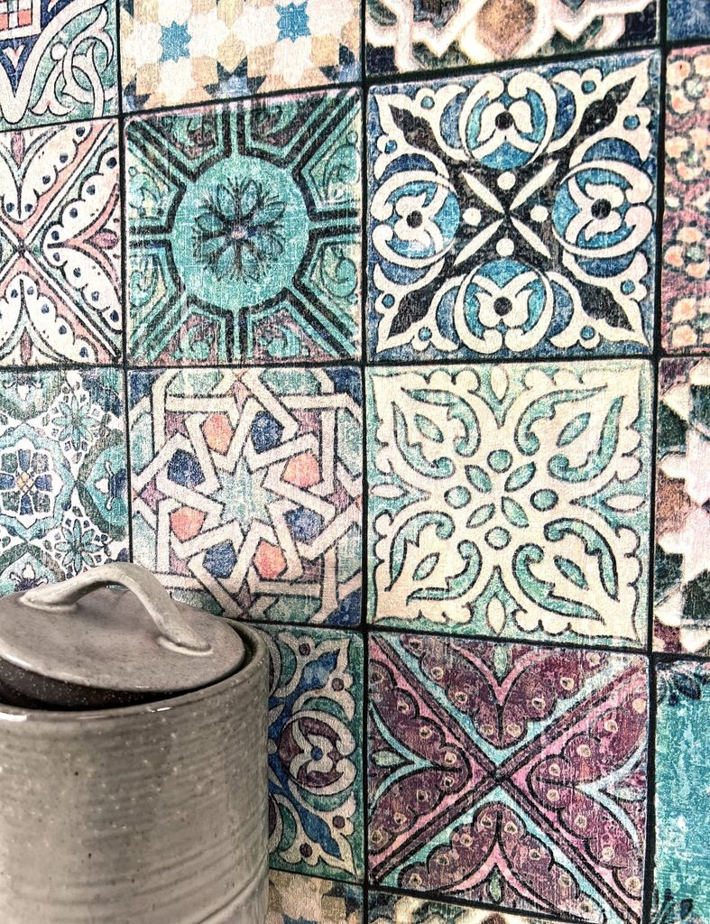 NEWROOM Tapete Türkis Vliestapete Fliesen - Mustertapete Vintage Blau Lila Mosaik Kacheln Fliesenoptik Modern Orientalisch