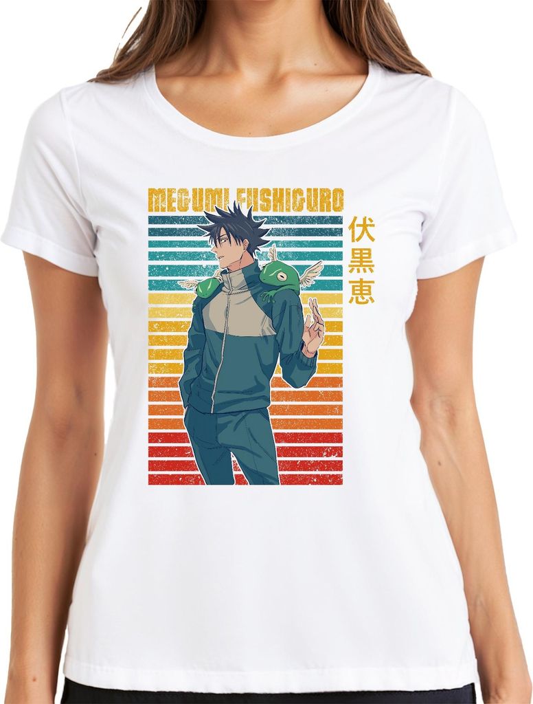 Megumi Fushiguro Jujutsu Kaisen Shikigami Frosch Geschenk Vintage Damen T-Shirt, Weiß, M