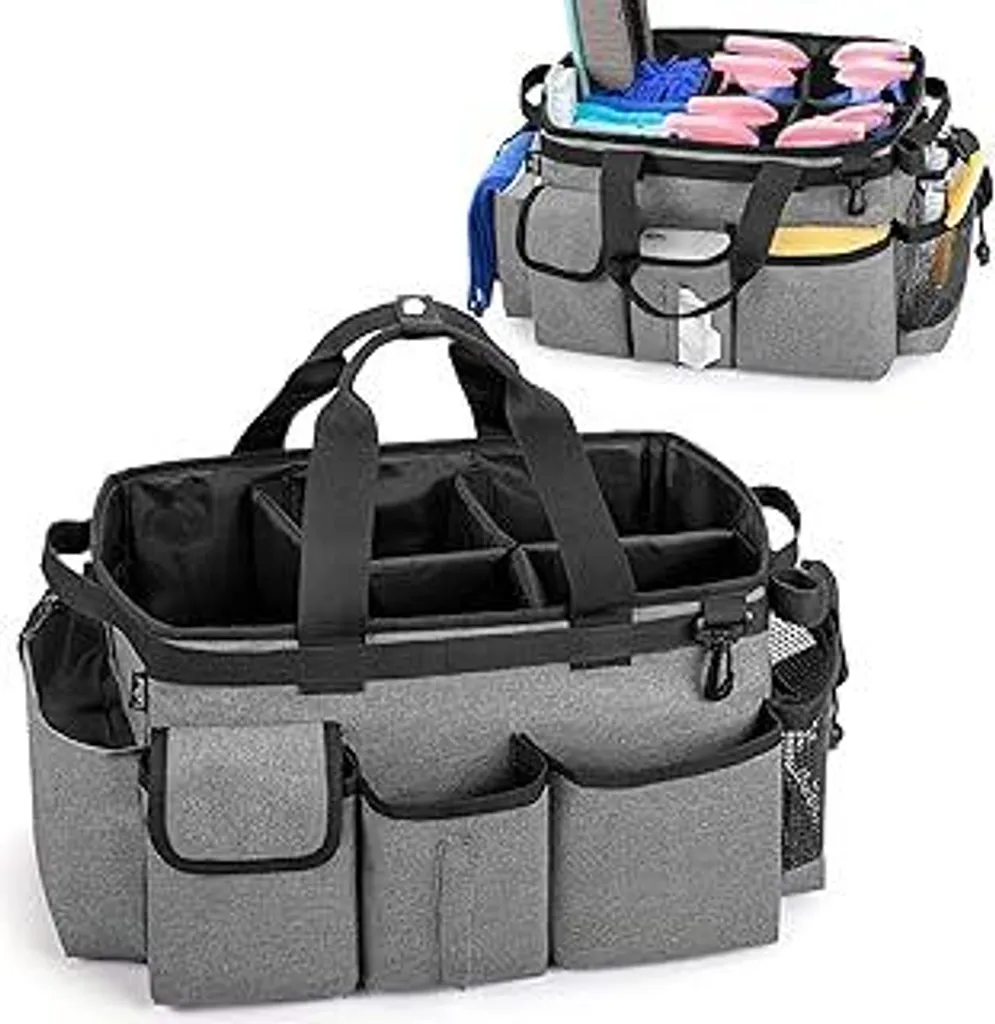 LoDrid Borsa grande per prodotti per la pulizia con divisorio rimovibile, organizer portatile per prodotti per la pulizia con maniglia, borsa per prodotti per la pulizia con tracolla regolabile, grigio