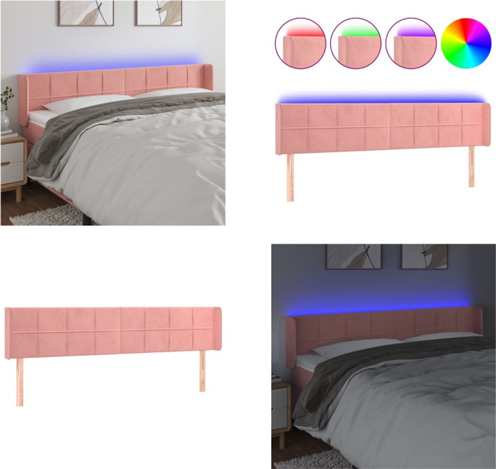 vidaXL LED Kopfteil Rosa 163x16x78/88 cm Samt - LED Kopfteil - LED Kopfteile - Kopfteil - Bett-Kopfteil