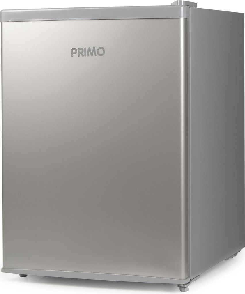 A silver Primo mini-refrigerator is shown from a three-quarter angle against a white background.