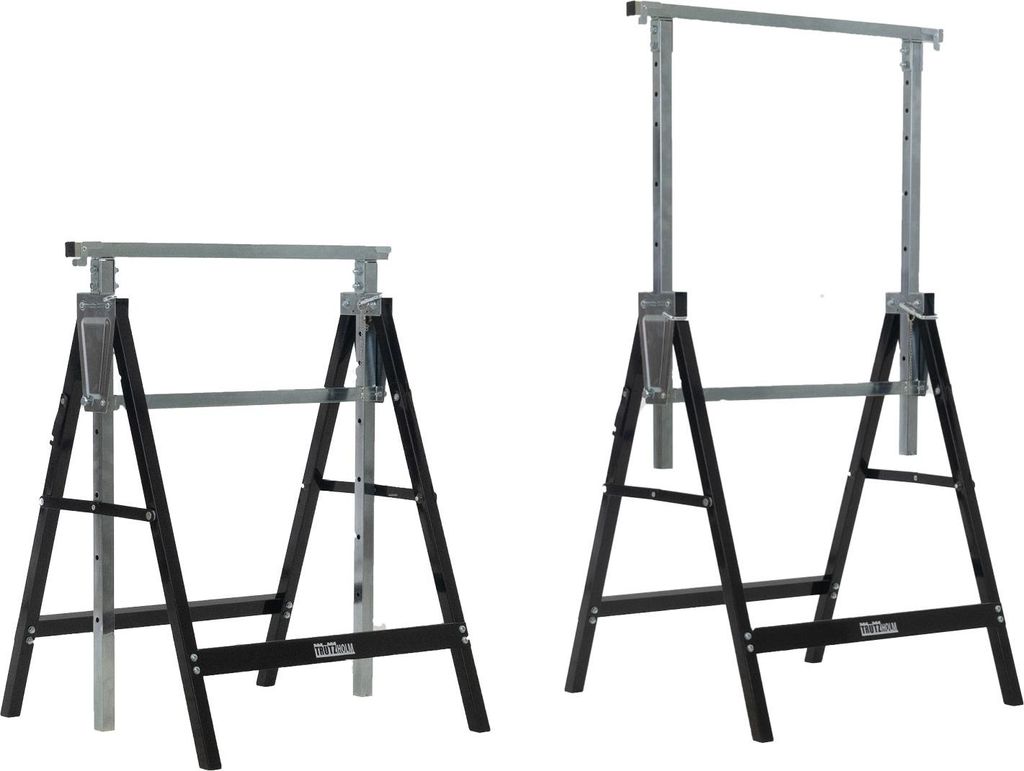 Two adjustable sawhorses shown against a white background.