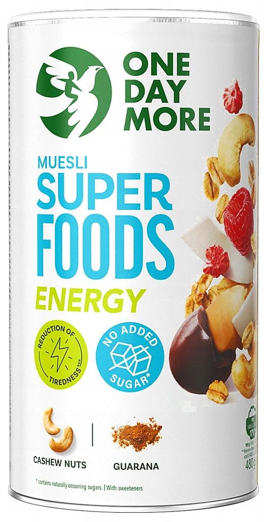 OneDayMore | Superfoods Energy Müsli ohne Zuckerzusatz | Mit Guarana Nüssen und Himbeeren 480 g