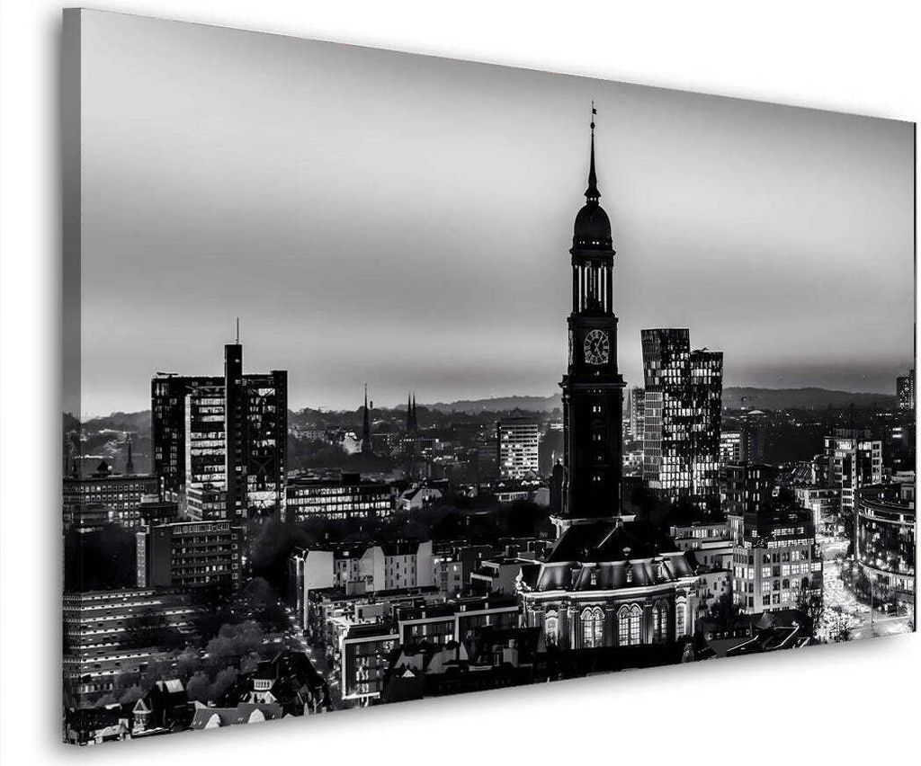 Hamburg Skyline schwarz weiß Leinwandbild Wandbild Kunstdruck XL Wanddeko: 90x50x2cm