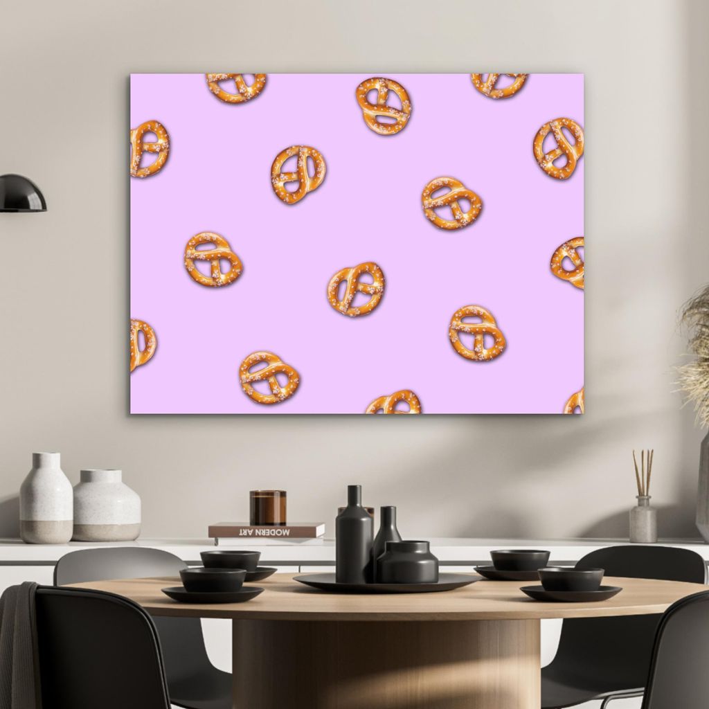 MuchoWow Wanddekoration Metall Metallbild Wandkunst 80x60 cm Brezeln - Lebensmittel - Lila MuchoWow Aluminium Gemälde - Alubild