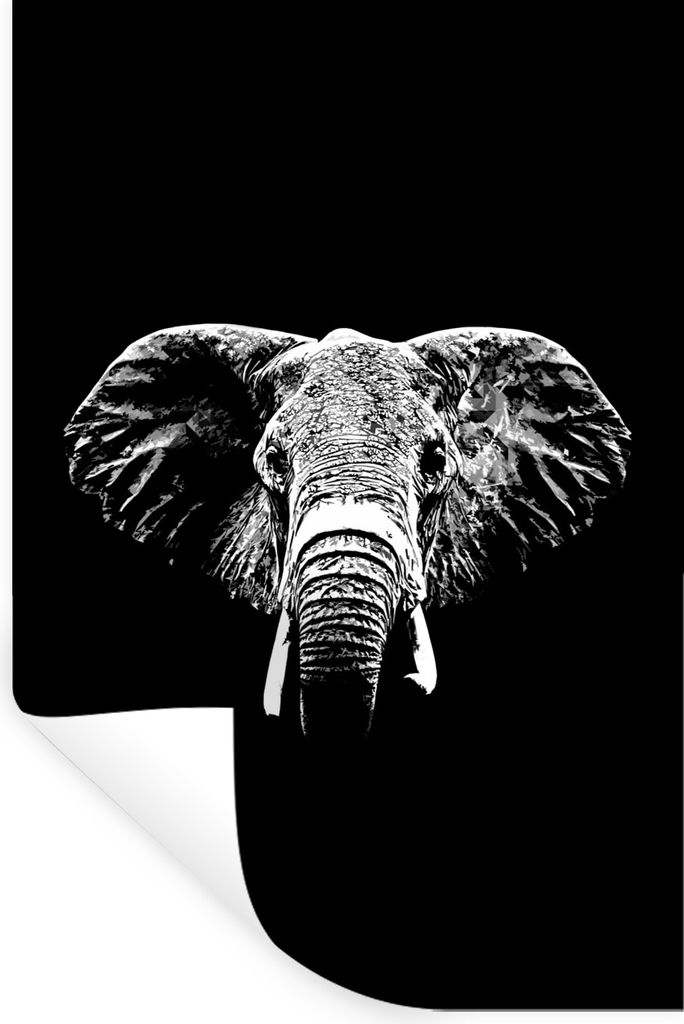 MuchoWow Wandtattoo Wandsticker Wandaufkleber Elefant mit abstrakten Elementen vor schwarzem Hintergrund - schwarz und weiß 20x30 cm Selbstklebe...