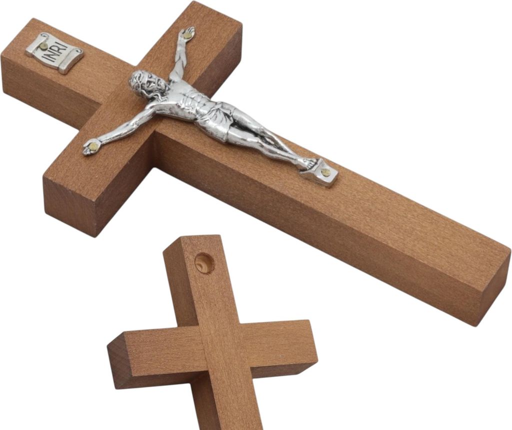 BRAUNES HOLZKREUZ mit Jesusfigur KLEIN 18 x 9 cm zum Aufhängen an der Wand