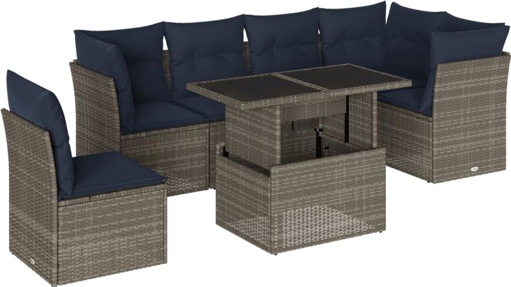 7-teiliges Gartensofa-Set mit Kissen, grau, Polyrattan