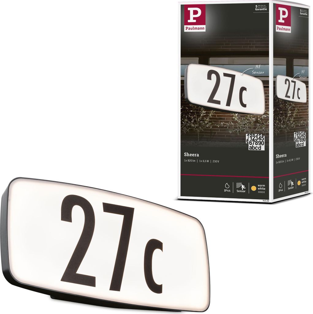 Paulmann LED Hausnummernleuchte Sheera Dämmerungsgesteuerter Bewegungsmelder (HF) seewasserresistent