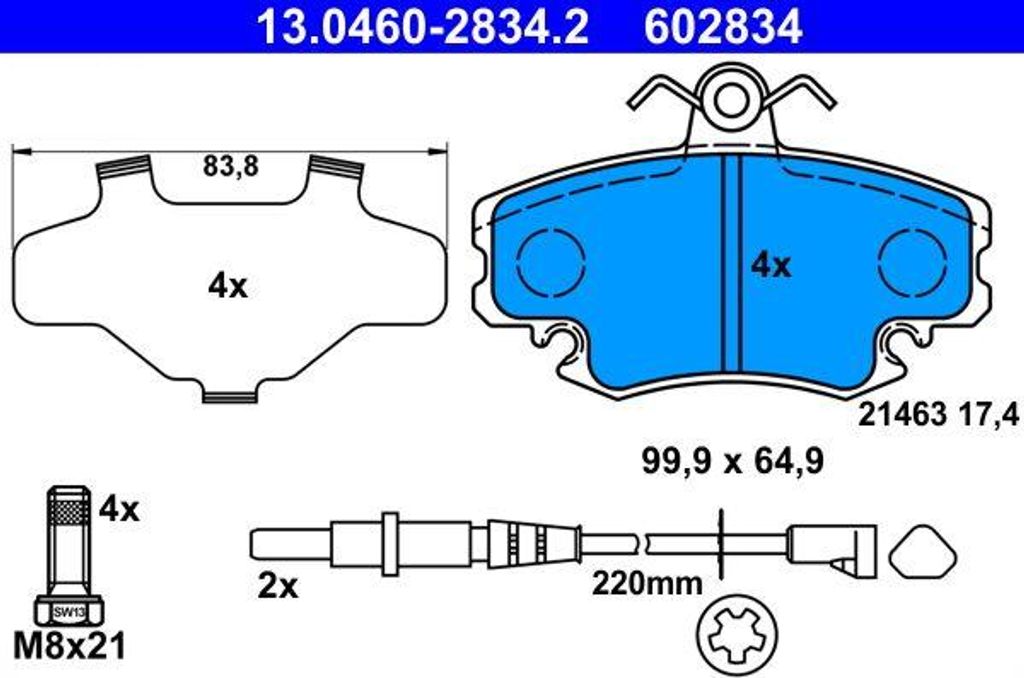 ATE 13.0460-2834.2 Bremsbelagsatz, Scheibenbremse OE 6001547619 kompatibel mit Logan, Sandero, Clio, Megane, Rapid, Thalia, Twingo