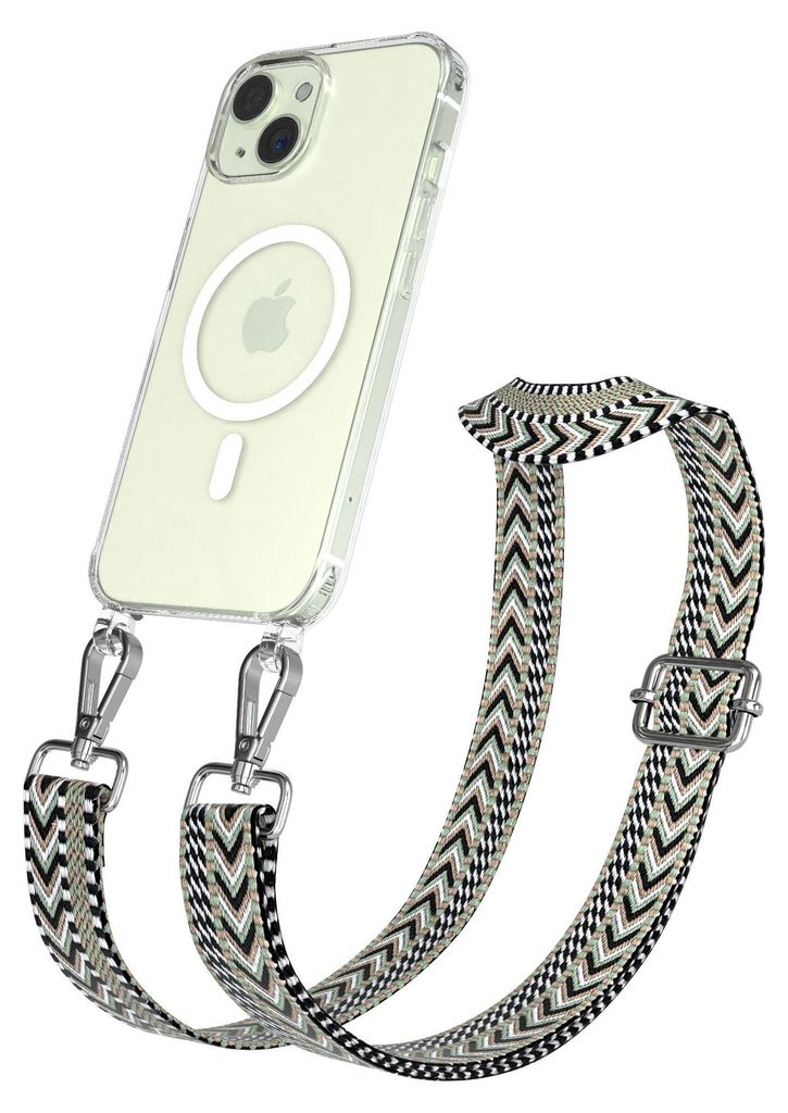 EAZY CASE - Handykette mit MagSafe Hülle für Apple iPhone 15, Handyband ZigZag Style,Karabiner Silber, Umhängeband in Grün