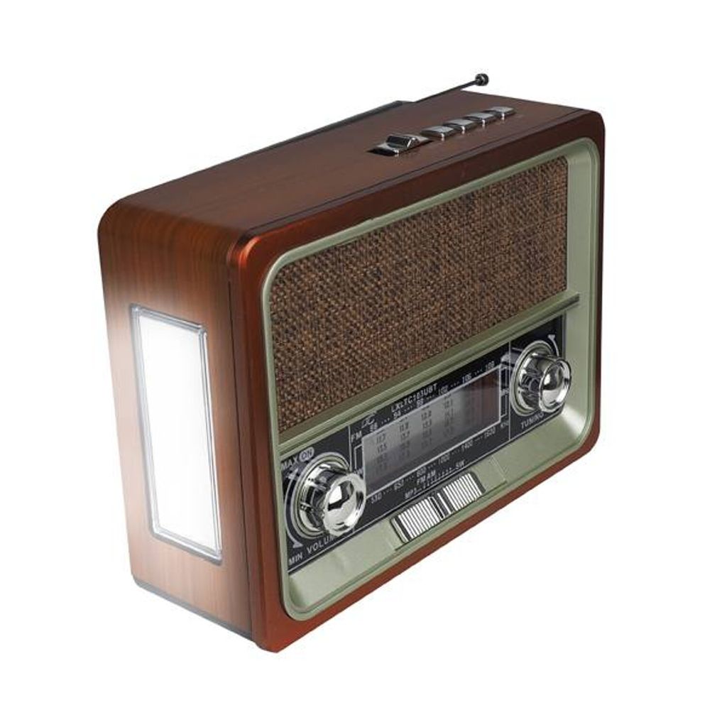 A retro-style portable radio with a wooden finish, speaker grille, display, and controls.