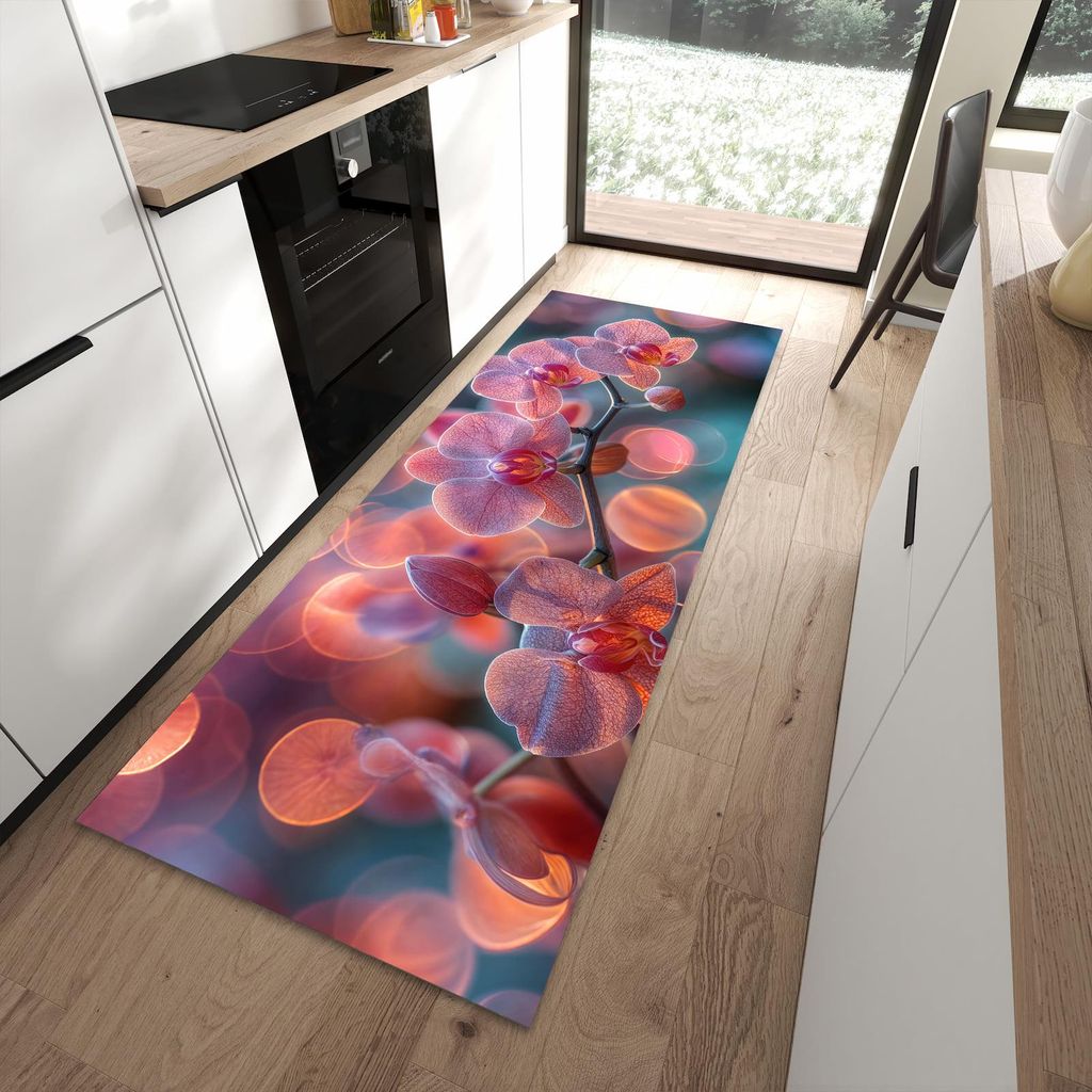 Küchenteppich 90x240cm rutschfest & abwischbar PVC Läufer - Orchidee Bokeh