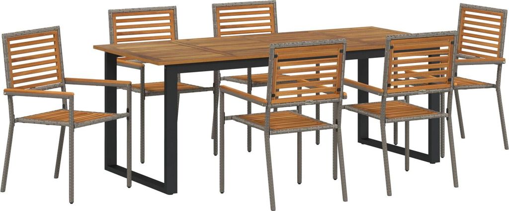 7-teiliges Garten Essset Grau Poly Rattan Akazie, Stapelbare Gartenstühle mit Kissen 2 Stück Grau Poly Rattan, Gartenstühle DesignMöbel Neu