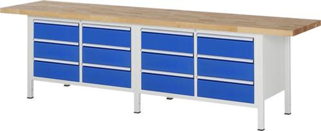 Werkbank mit 12 Schubladen - Teilauszug - 180:12 - 840 x 3.000 x 700 mm (HxBxT) - Traglast 1.250 kg - Buche