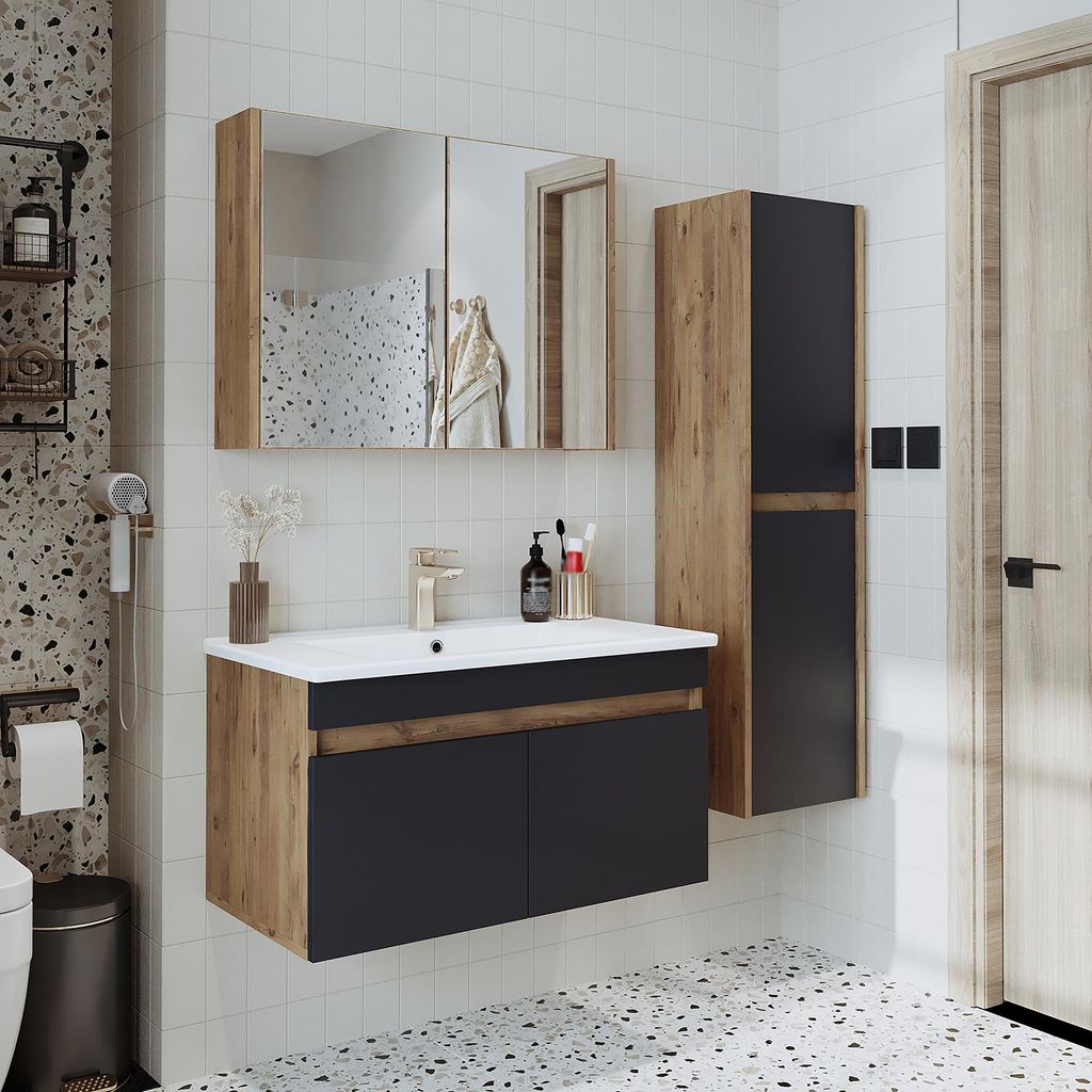 Roomart ATRIA-85 Badmöbel Set– 4-teiliges Badezimmermöbel Set - Waschbeckenunterschrank mit Keramikwaschbecken, Spiegelschrank & Hochschrank - ...