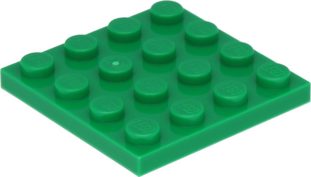 A single green LEGO plate is shown from a slightly elevated, diagonal angle against a white background.