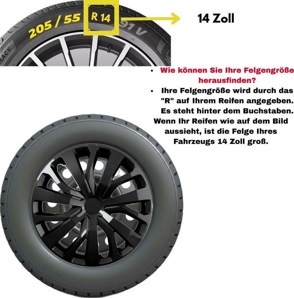 TRIMAK Radkappen 13, 14, 15, 16 Zoll Schwarz Silber 4er-Set, Radkappen Zoll:14 Zoll, Radkappen Farbe Und Typ:Schwarz Snowflake