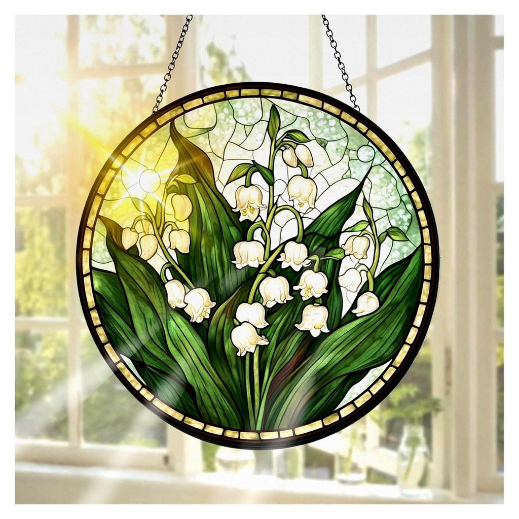 Buntglas Sonnenfänger Maiglöckchen – Handgefertigter Fensterschmuck für Garten, Fenster, Innen- und Außenbereich, Weihnachten, 20 x 20 cm