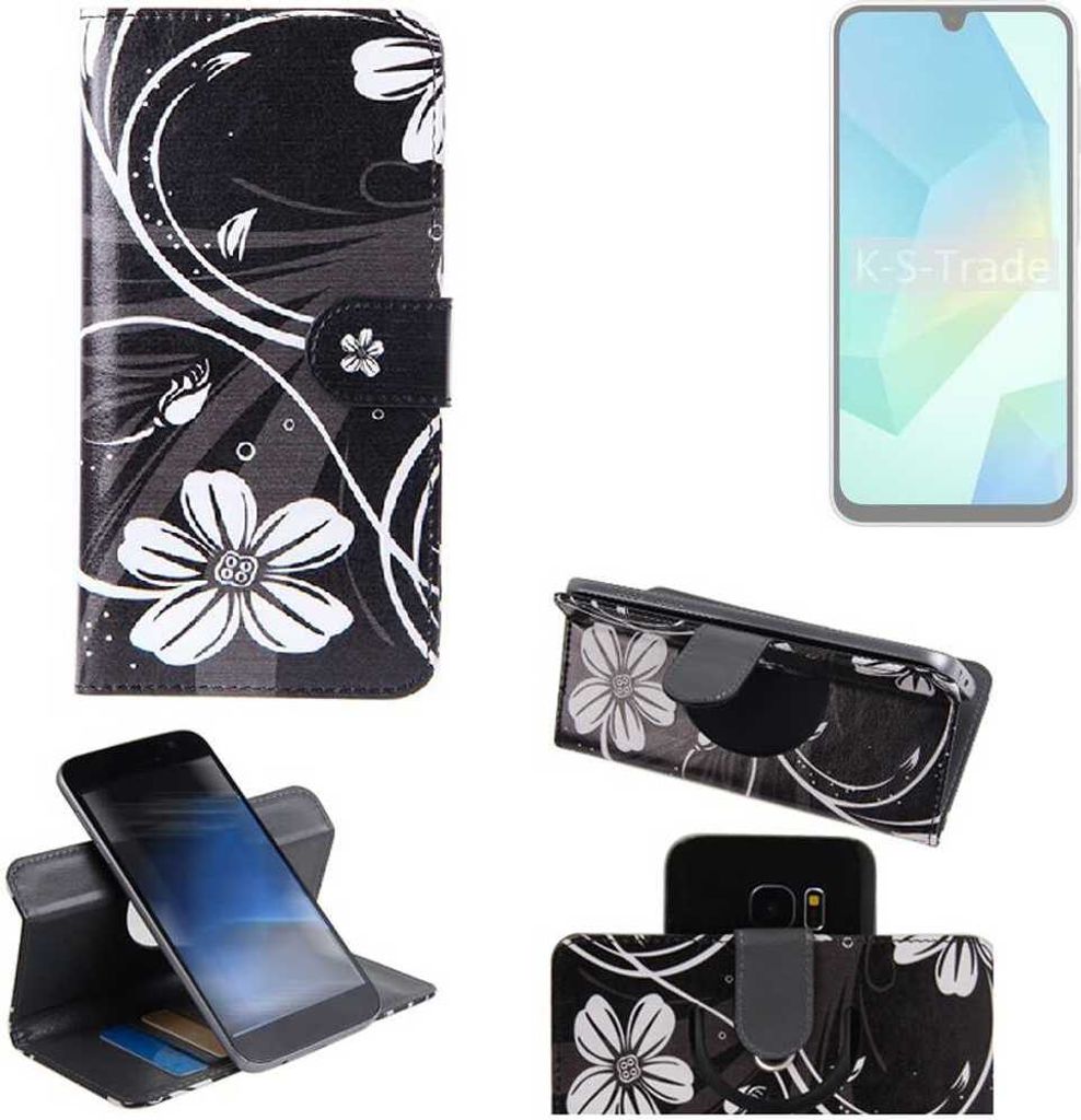 K-S-Trade Schutzhülle Handyhülle kompatibel mit Samsung Galaxy A16 5G Hülle 360° Wallet Case “Flowers“ Klapphülle Hülle schwarz-weiß 1x