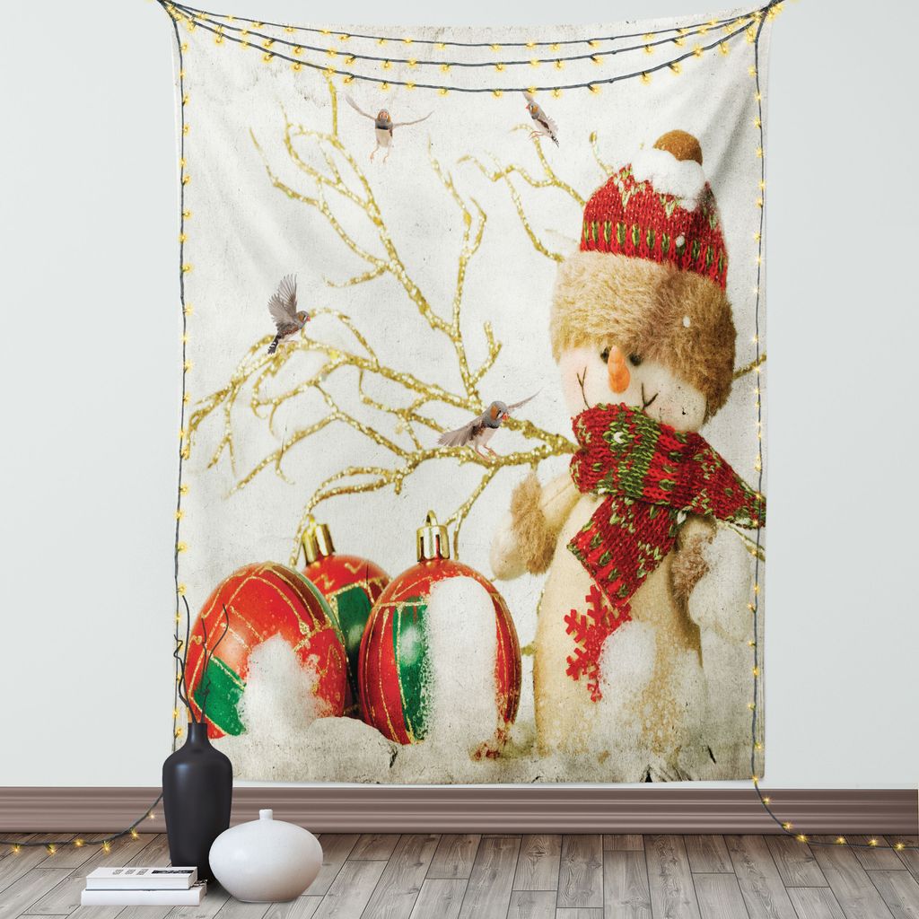 ABAKUHAUS Weihnachten Wandteppich, Schneemann mit Hut und festlichen Elementen buntes Advent Ferien Thema, Wohnzimmer Schlafzimmer Seidiger Satin W...