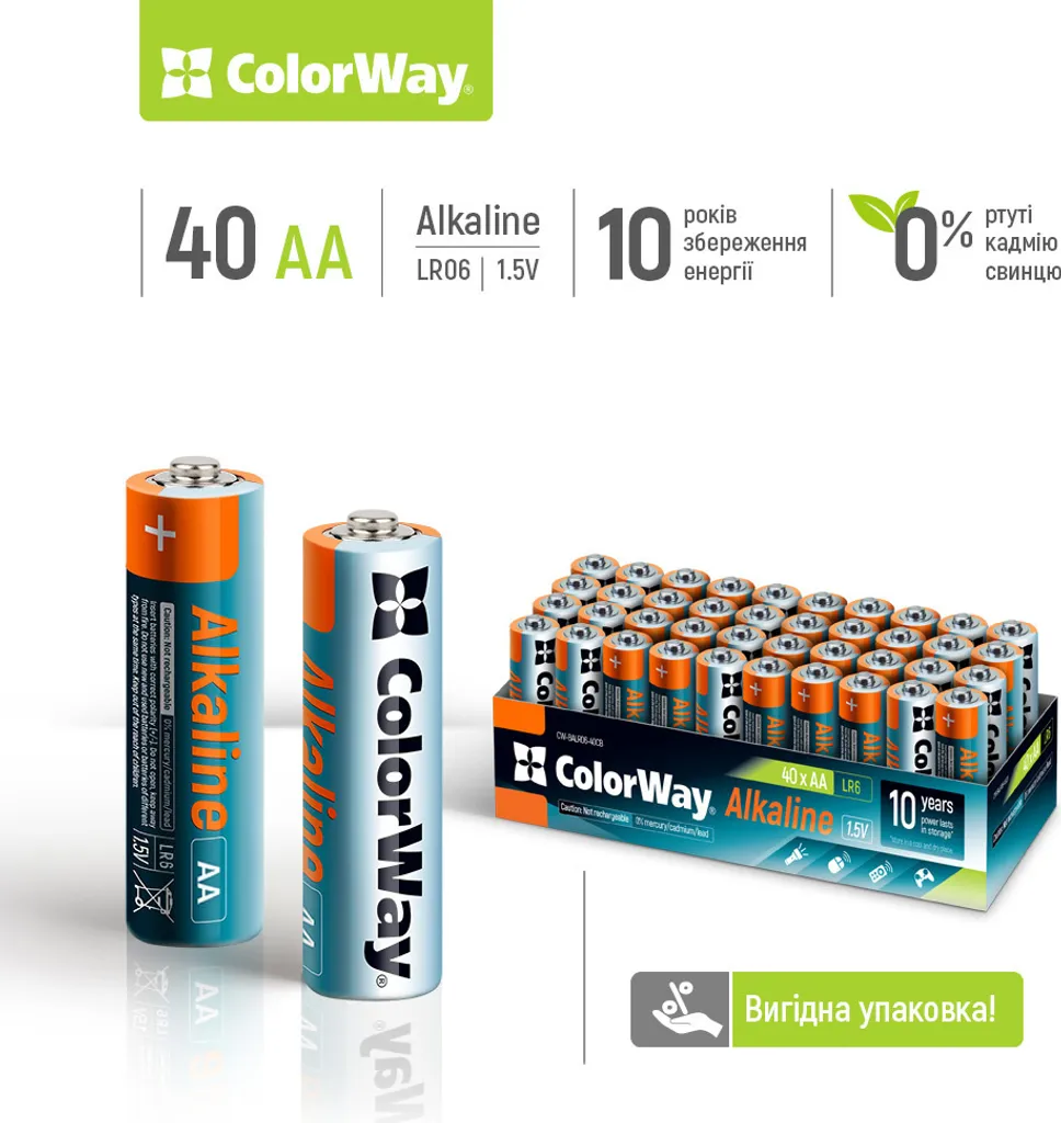 Lot de 40 Piles AA LR6 Alcalines ColorWay Power pour Usage Domestique Intensif