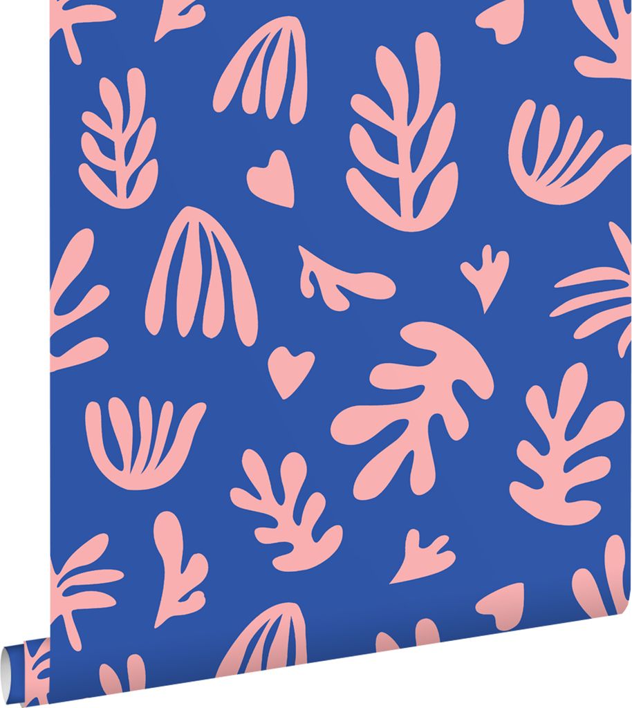 ESTAhome Tapete Pflanzen im Matisse-Stil Blau und Rosa 50 x 900 cm