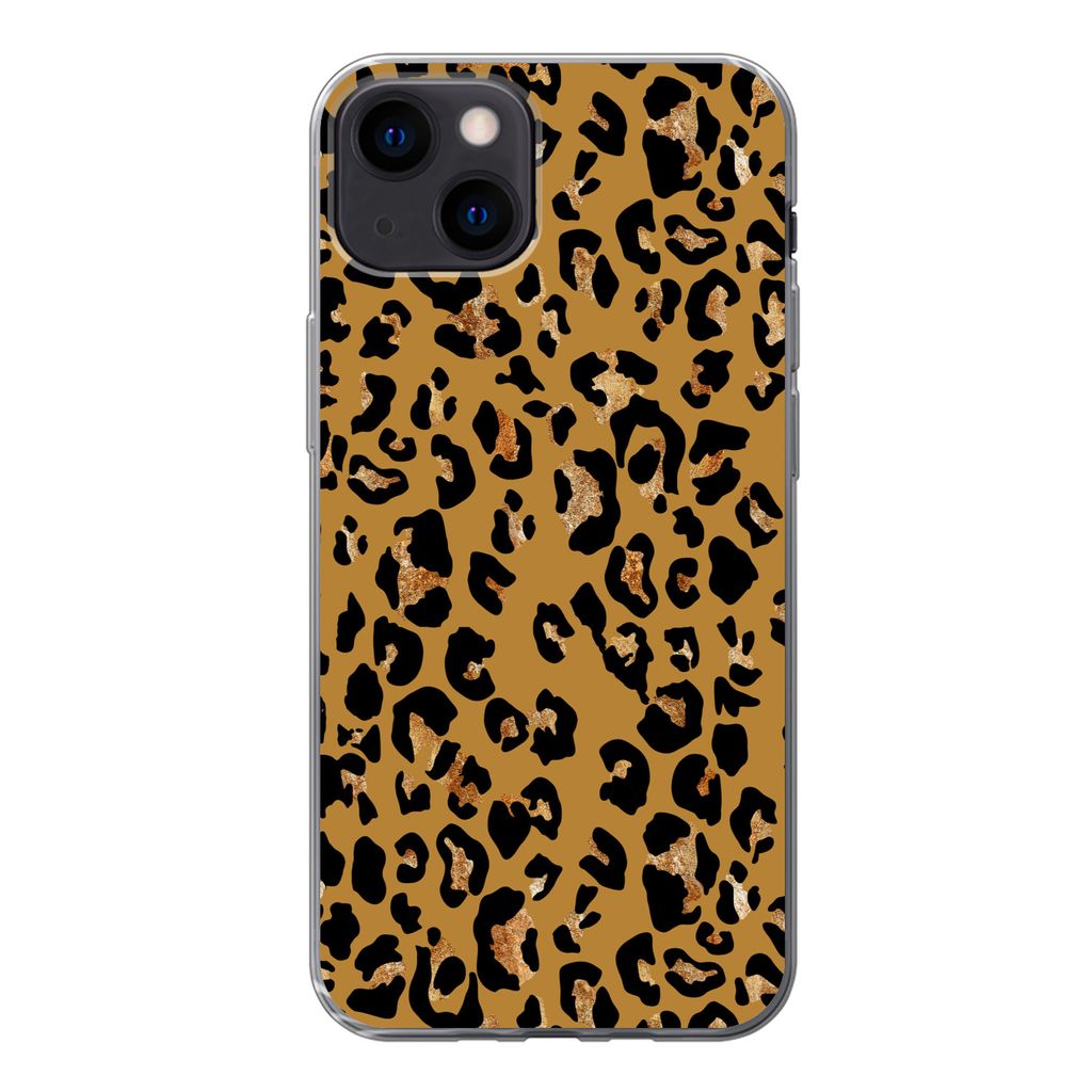 MuchoWow Handyhülle Schutzhülle Hülle für iPhone 13 Pantherdruck - Gelb - Gold Silikon Softcase Handy Hülle - Karteninhaber