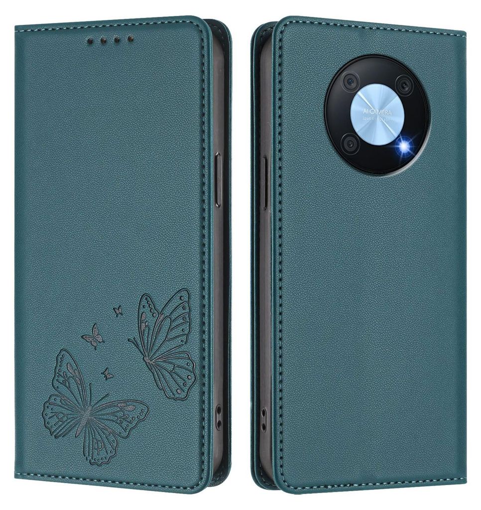 Lederhülle für Huawei Nova Y90, Schmetterling Prägung Leder Brieftasche Schutzhülle mit Ständer Grün