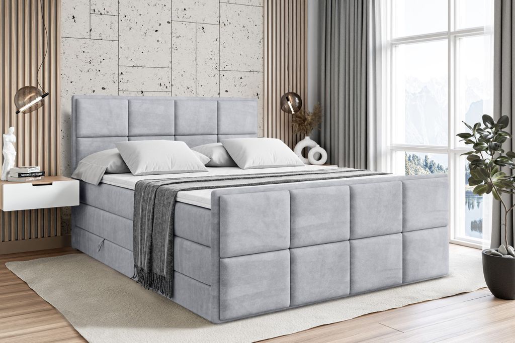 ALTDECOR Boxspringbett mit Fußteil, 2 Matratzen und Topper - 160x200 cm - NOVA-Z KING - Hellgrau Samt - Polsterbett mit, H3- und H4- Matratzen, Be...