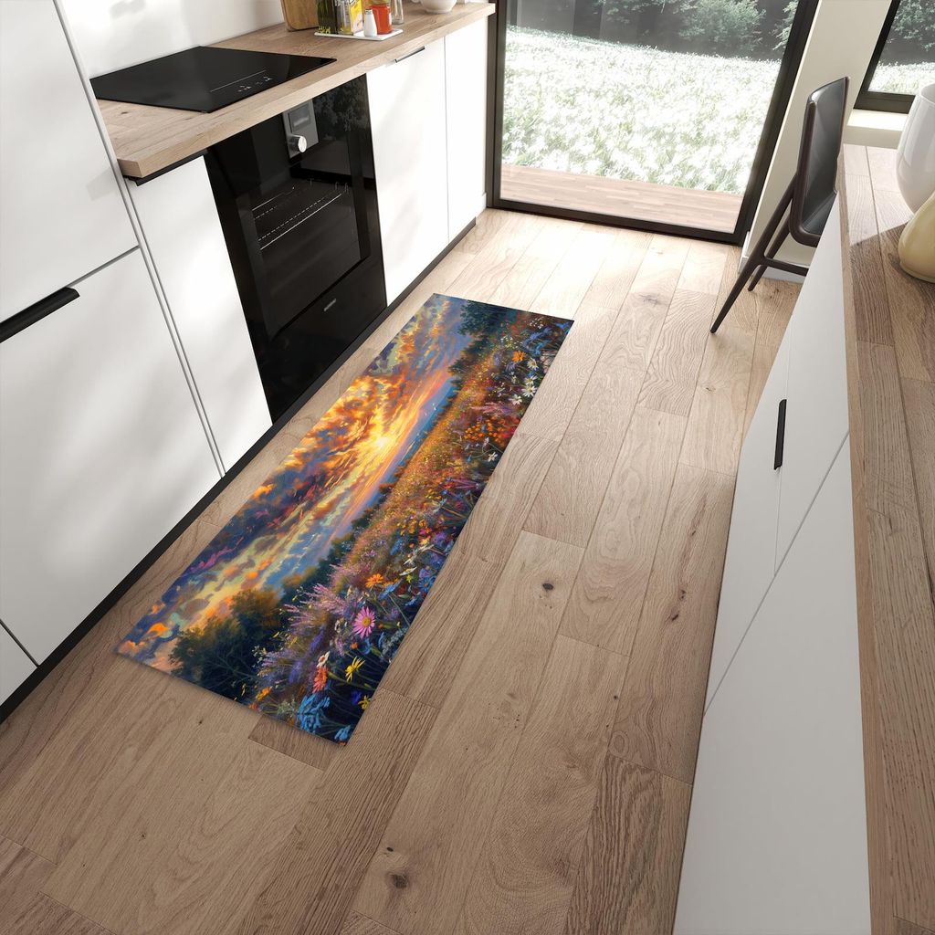 Küchenteppich 60x180cm rutschfest & abwischbar PVC Läufer - Sonnenuntergang von Blumenwiese