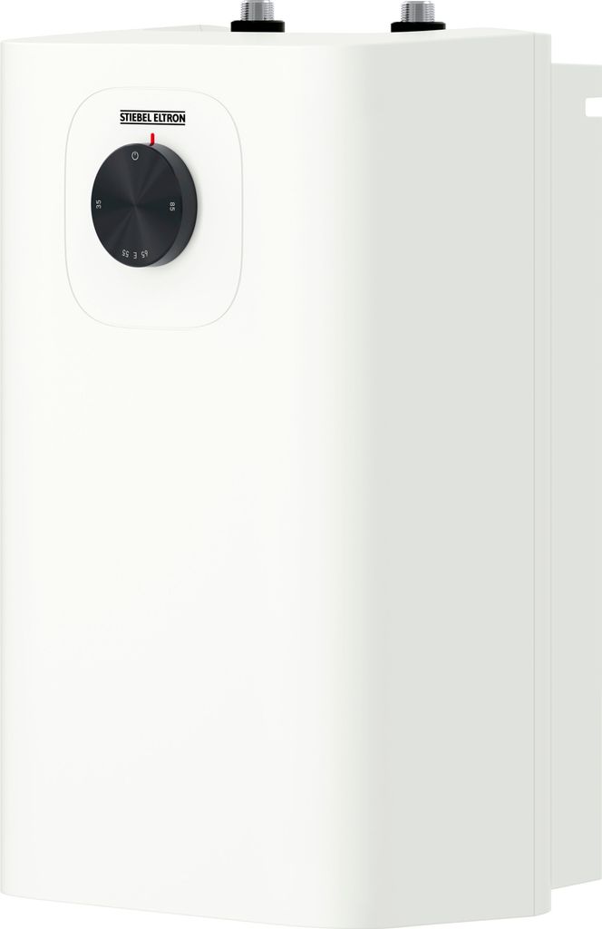 A white electric water heater with a black dial on the front.