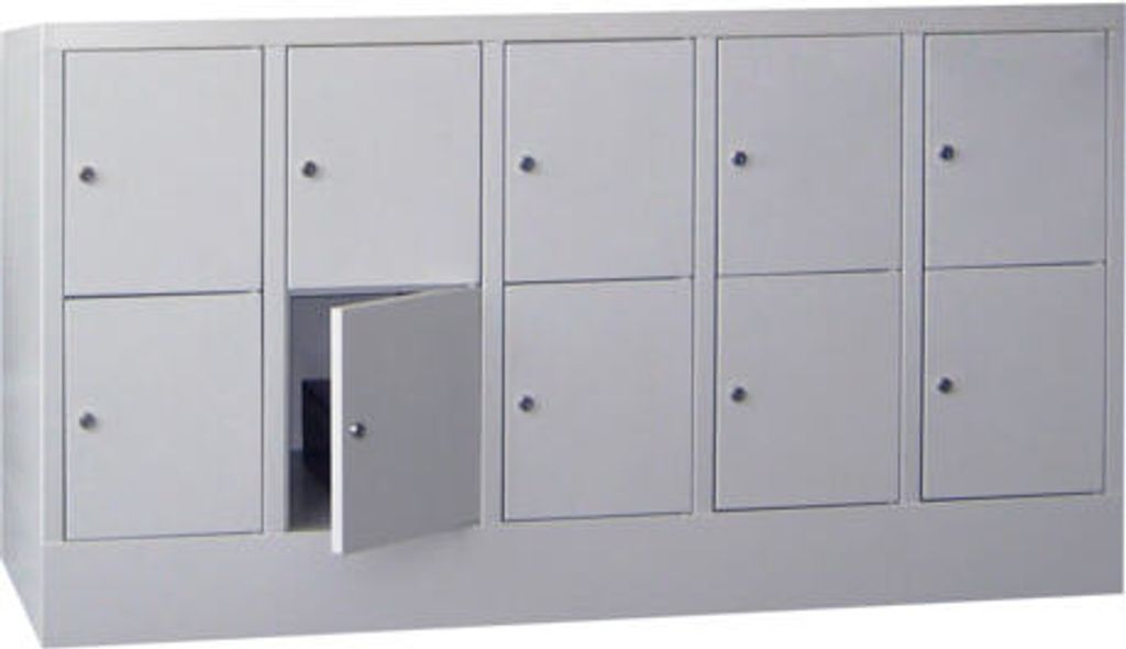 Schließfachschrank - 10 Fächer a 300 mm - 855x1.500x500 mm (HxBxT) - Sockel - Drehriegel - tiefschwarz/himmelblau