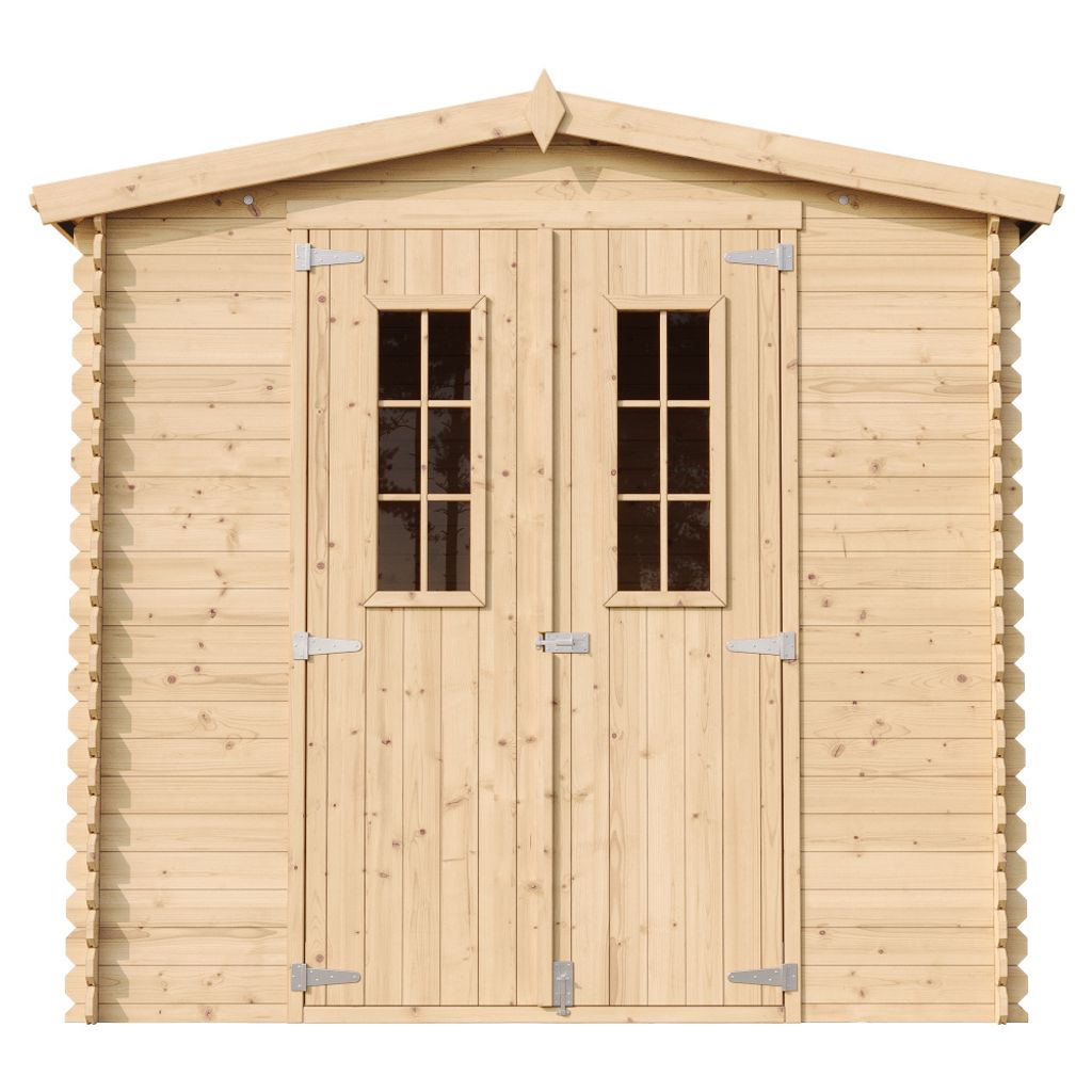 Front view of a wooden garden shed with double doors and two windows.