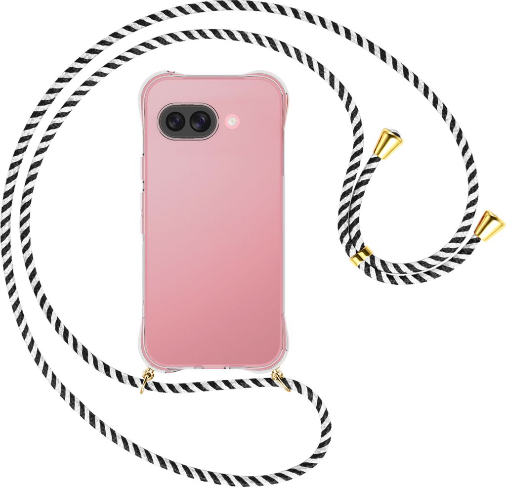 Handykette Backcover-Schutzhülle mit Band (Metall goldfarben) für Google Pixel 9A - schwarz/weiß gestreift