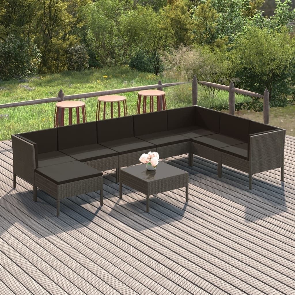 The Living Store 9-tlg. Garten-Lounge-Set mit Auflagen Poly Rattan Grau