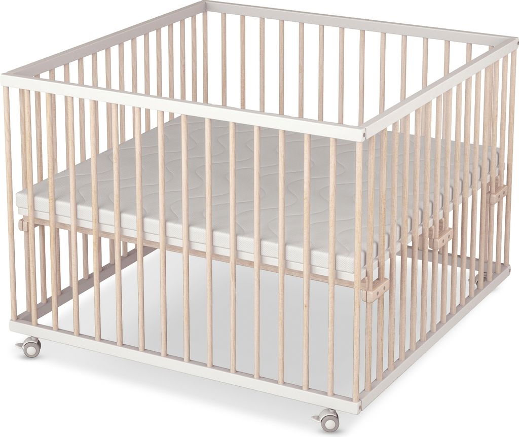 Laufgitter 100x100 cm mit Matratze SleepPlus - weiß/natur - Premium Kollektion