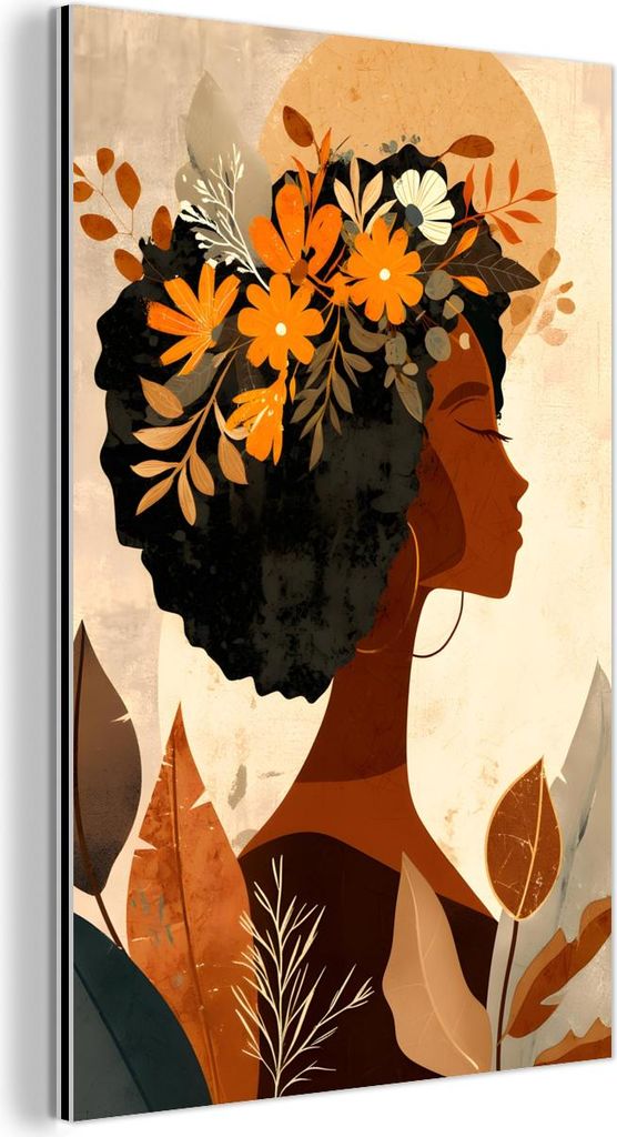 MuchoWow Wanddekoration Metall Metallbild Wandkunst 100x150 cm Frau - Locken - Blumen - Beige MuchoWow Aluminium Gemälde - Bild