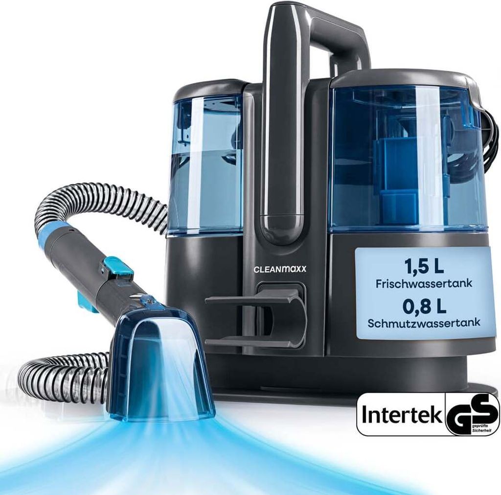 A CLEANmaxx upholstery and carpet cleaner is shown on a white background.
