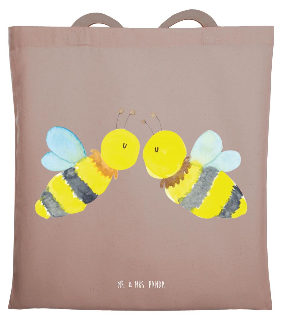 Mr. & Mrs. Panda Tote Bag Biene Liebe - Braun Pastell - Geschenk, Tasche, Laptoptasche, Schultasche, Jutetasche, Jutebeutel