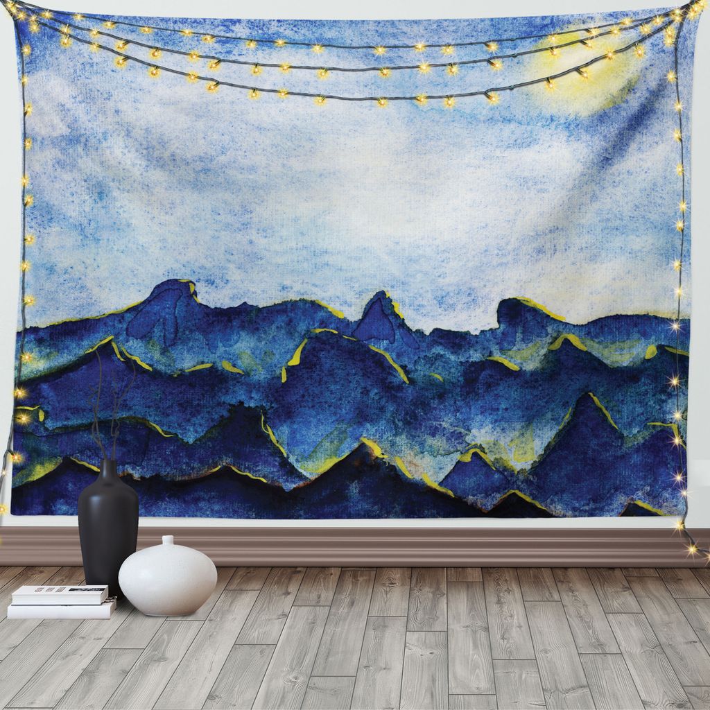 ABAKUHAUS Landschaft Wandteppich, Hills Fee Wolken-Himmel, Wohnzimmer Schlafzimmer Wandtuch Seidiges Satin Wandteppich, 150 x 100 cm, Gelb / Blau