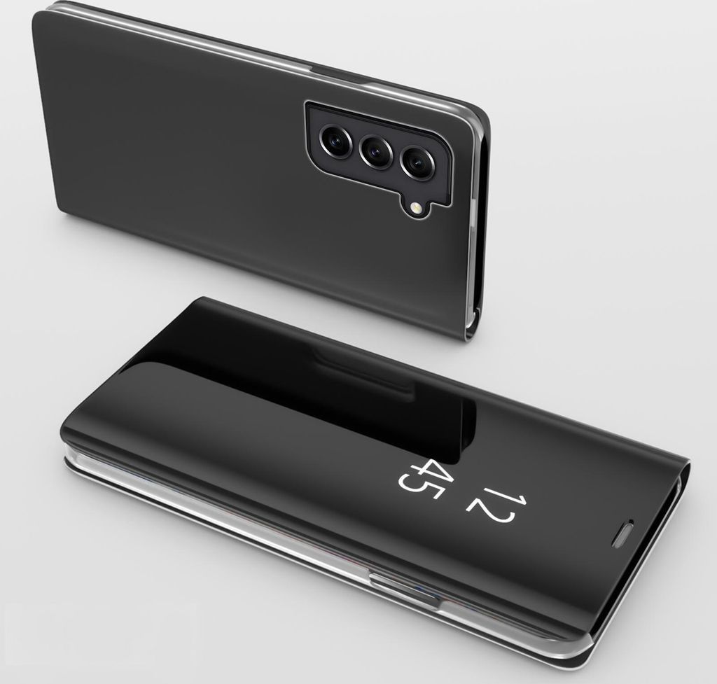 A black flip case for a smartphone is shown from two angles against a light gray background. The case has a clear front cover that displays the time.